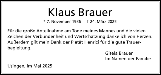 Traueranzeige von Klaus Brauer von Usinger Anzeigenblatt