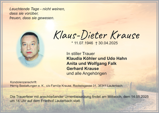Traueranzeige von Klaus-Dieter Krause von Lauterbacher Anzeiger