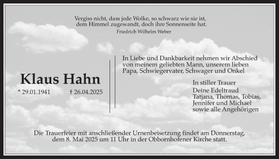 Traueranzeige von Klaus Hahn von Wetterauer Zeitung, Giessener Allgemeine, Alsfelder Allgemeine