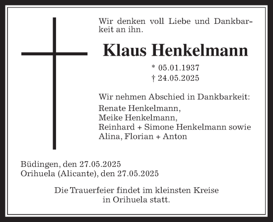 Traueranzeige von Klaus Henkelmann von Kreis-Anzeiger