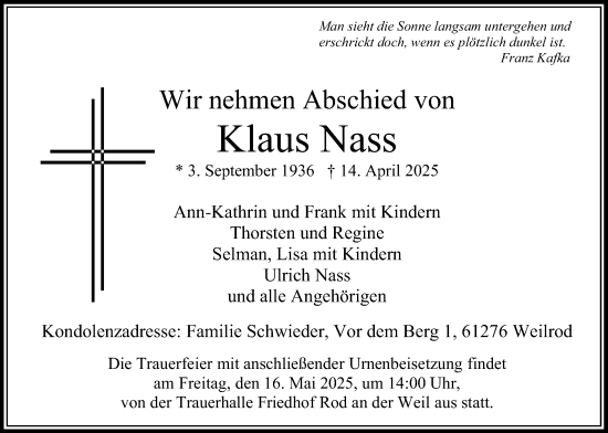 Traueranzeige von Klaus Nass von Usinger Anzeiger, Usinger Anzeigenblatt, Usinger Anzeiger, Usinger Anzeigenblatt