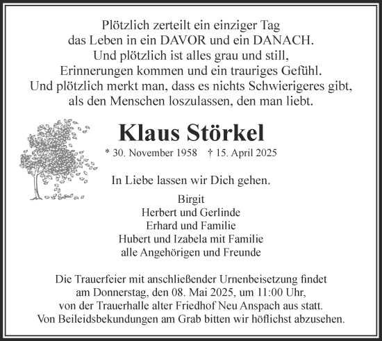 Traueranzeige von Klaus Störkel von Usinger Anzeiger, Usinger Anzeigenblatt