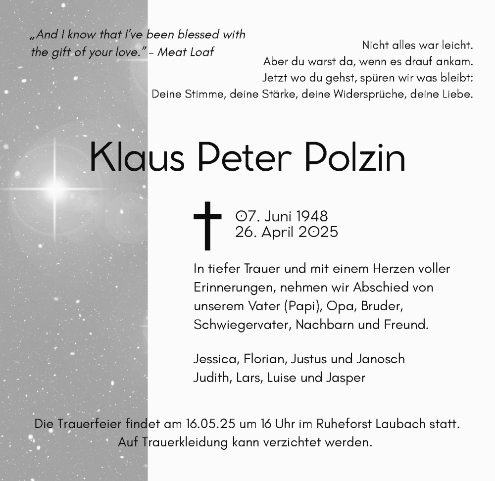  Traueranzeige für Klaus Peter Polzin vom 10.05.2025 aus Giessener Allgemeine, Alsfelder Allgemeine, Giessener Anzeiger, Giessener Allgemeine, Alsfelder Allgemeine, Giessener Anzeiger