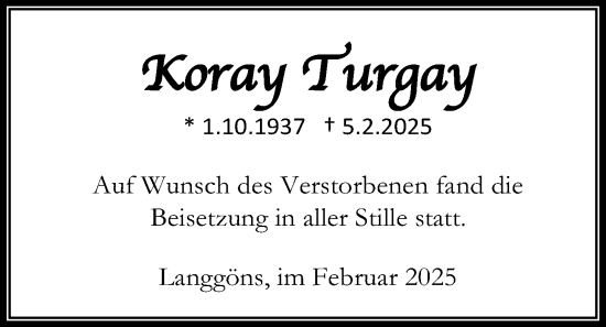 Traueranzeige von Koray Turgay von Giessener Anzeiger