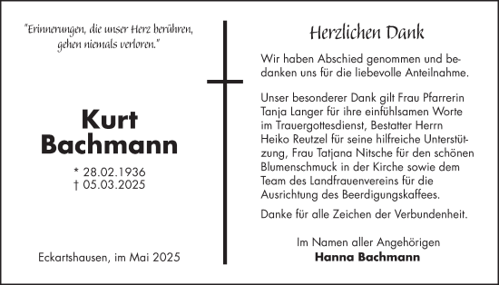 Traueranzeige von Kurt Bachmann von Kreis-Anzeiger, Kreis-Anzeiger