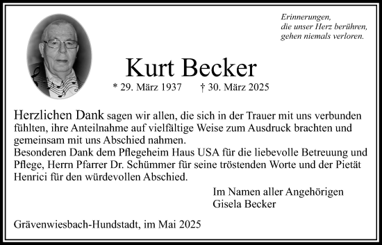 Traueranzeige von Kurt Becker von Usinger Anzeiger, Usinger Anzeigenblatt