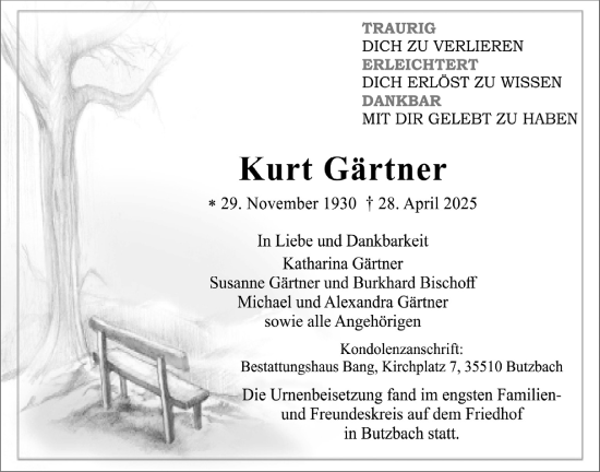 Traueranzeige von Kurt Gärtner von Wetterauer Zeitung, Butzbacher Zeitung