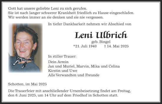 Traueranzeige von Leni Ulbrich von Kreis-Anzeiger