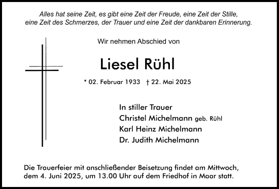 Traueranzeige von Liesel Rühl von Lauterbacher Anzeiger