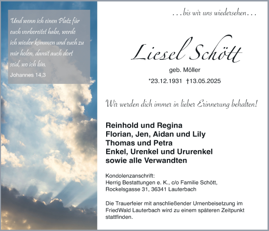 Traueranzeige von Liesel Schött von Lauterbacher Anzeiger, 