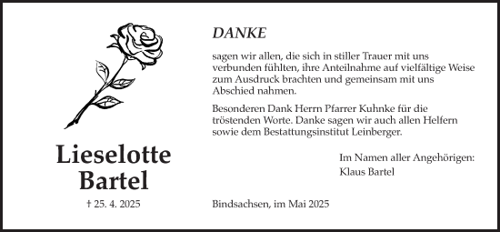 Traueranzeige von Lieselotte Bartel von Kreis-Anzeiger