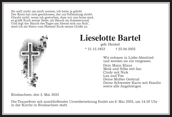 Traueranzeige von Lieselotte Bartel von Kreis-Anzeiger
