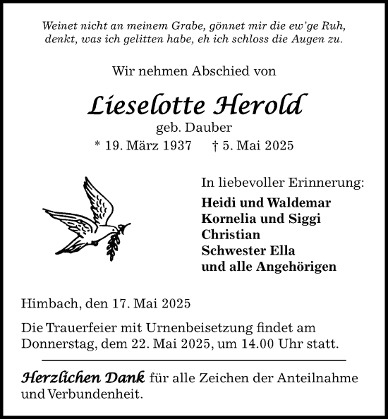Traueranzeige von Lieselotte Herold von Kreis-Anzeiger