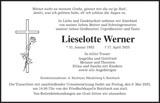 Traueranzeige von Lieselotte Werner von Butzbacher Zeitung