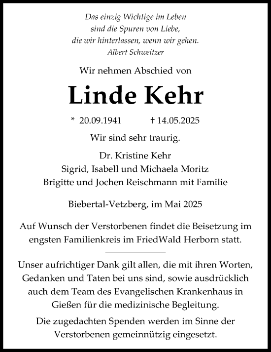 Traueranzeige von Linde Kehr von Giessener Anzeiger, Giessener Allgemeine, Alsfelder Allgemeine
