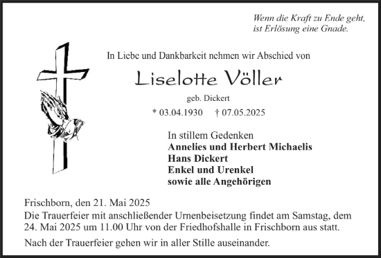Traueranzeige von Liselotte Völler von Lauterbacher Anzeiger