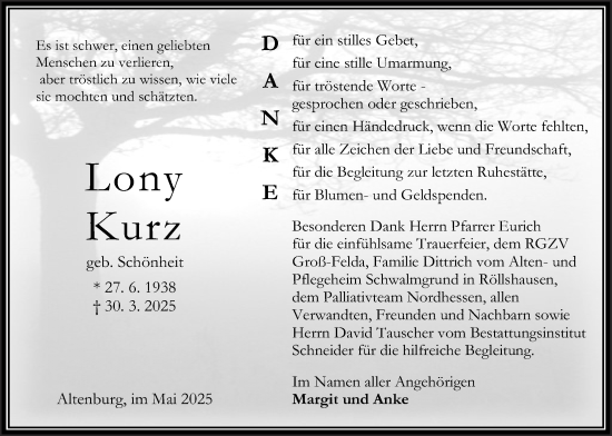 Traueranzeige von Lony Kurz von Oberhessische Zeitung