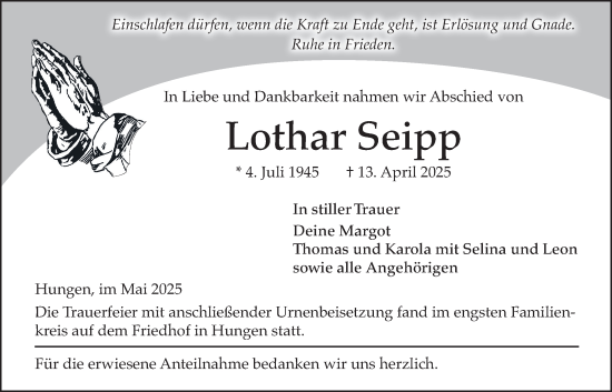 Traueranzeige von Lothar Seipp von Licher Wochenblatt