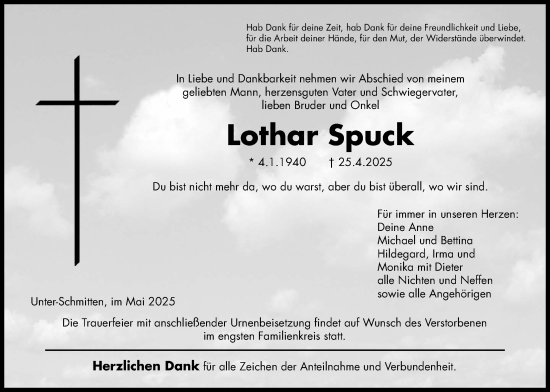 Traueranzeige von Lothar Spuck von Kreis-Anzeiger