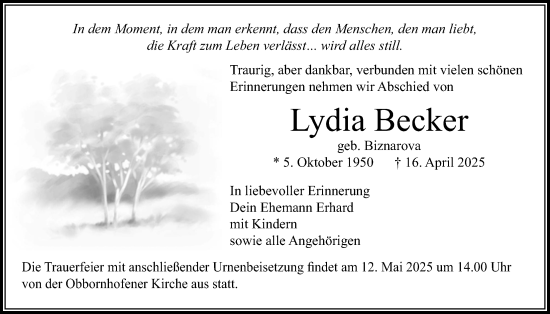 Traueranzeige von Lydia Becker von Licher Wochenblatt