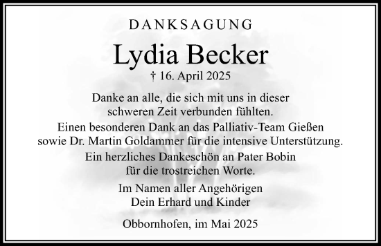 Traueranzeige von Lydia Becker von Licher Wochenblatt