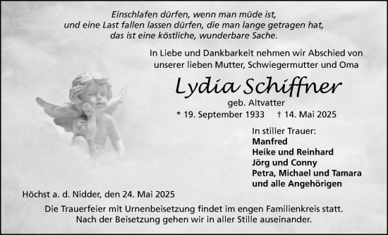 Traueranzeige von Lydia Schiffner von Kreis-Anzeiger