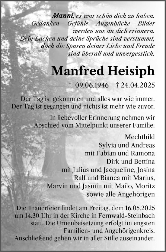 Traueranzeige von Manfred Heisiph von Licher Wochenblatt