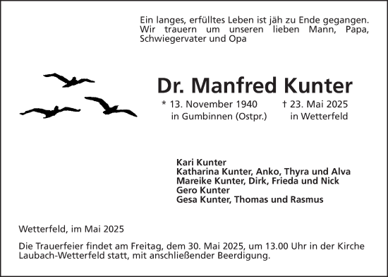 Traueranzeige von Manfred Kunter von Giessener Allgemeine, Alsfelder Allgemeine, Laubacher Anzeiger, Laubacher Anzeiger