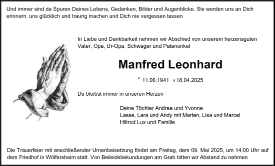 Traueranzeige von Manfred Leonhard von Wetterauer Zeitung