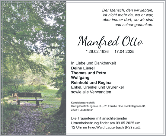 Traueranzeige von Manfred Otto von Lauterbacher Anzeiger