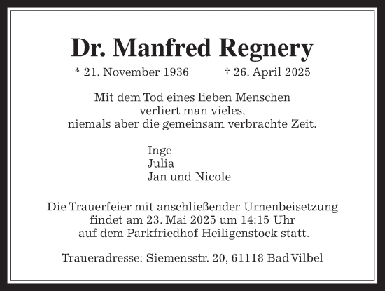 Traueranzeige von Manfred Regnery von Bad Vilbel/Karben