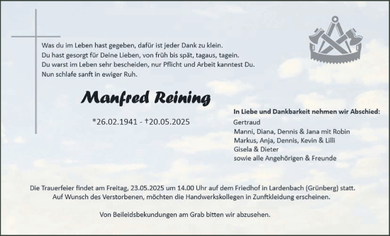 Traueranzeige von Manfred Reining von Giessener Anzeiger, Giessener Allgemeine, Alsfelder Allgemeine