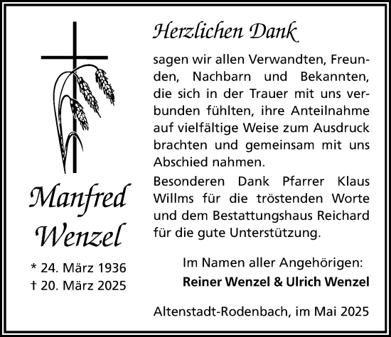 Traueranzeige von Manfred Wenzel von Kreis-Anzeiger