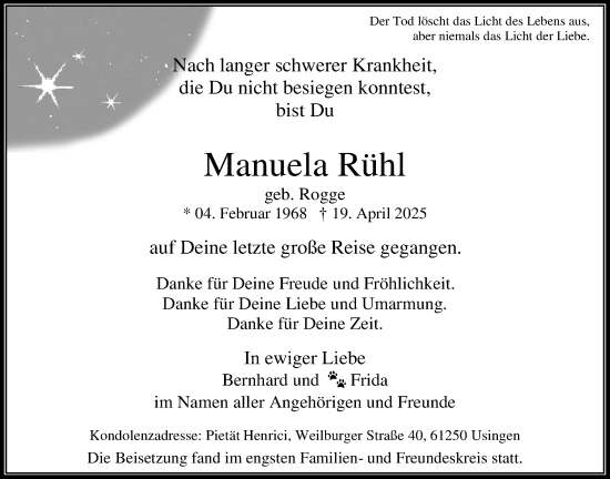 Traueranzeige von Manuela Rühl von Usinger Anzeigenblatt