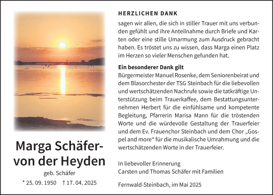 Traueranzeige von Marga Schäfer-von der Heyden von Giessener Allgemeine, Alsfelder Allgemeine, Giessener Anzeiger