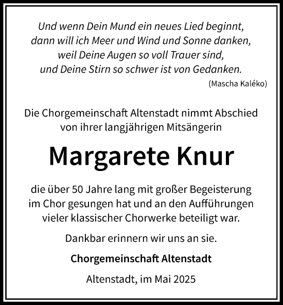 Traueranzeige von Margarete Knur von Kreis-Anzeiger