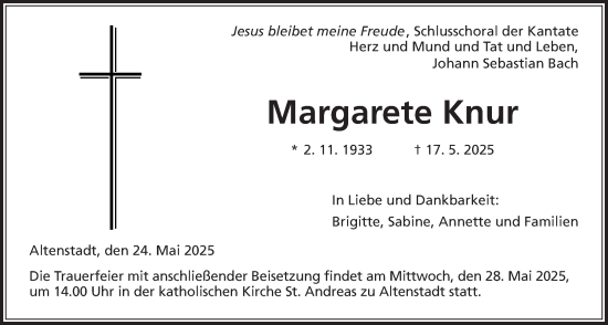Traueranzeige von Margarete Knur von Kreis-Anzeiger