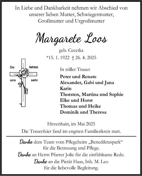 Traueranzeige von Margarete Loos von Kreis-Anzeiger