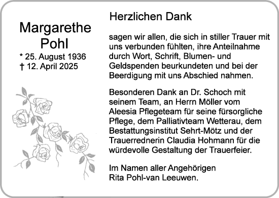 Traueranzeige von Margarethe Pohl von Butzbacher Zeitung