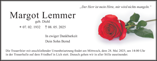 Traueranzeige von Margot Lemmer von Licher Wochenblatt