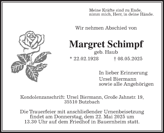 Traueranzeige von Margret Schimpf von Wetterauer Zeitung