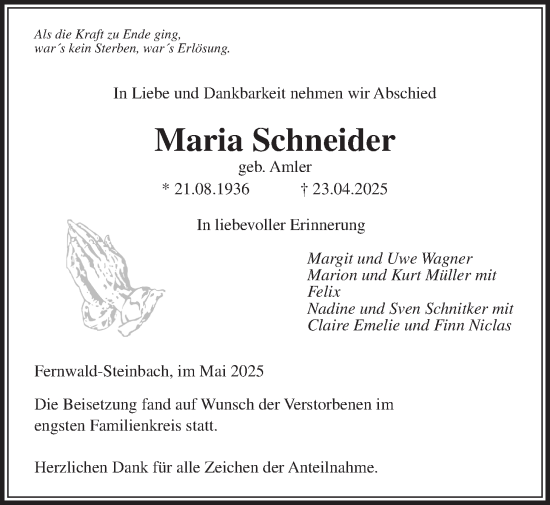 Traueranzeige von Maria Schneider von Giessener Allgemeine, Alsfelder Allgemeine, Giessener Anzeiger