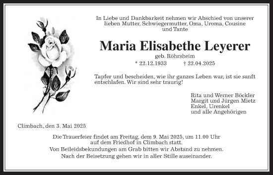 Traueranzeige von Maria Elisabethe Leyerer von Giessener Anzeiger