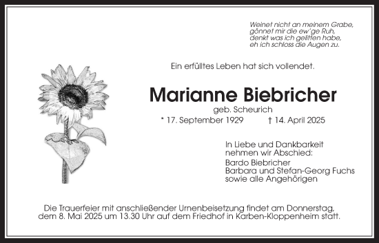Traueranzeige von Marianne Biebricher von Bad Vilbel/Karben
