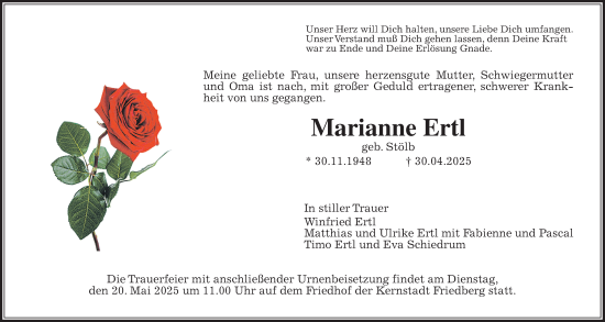 Traueranzeige von Marianne Ertl von Wetterauer Zeitung