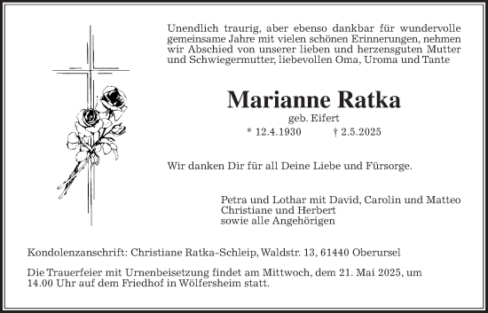 Traueranzeige von Marianne Ratka von Wetterauer Zeitung