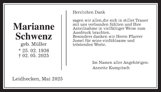 Traueranzeige von Marianne Schwenz von Wetterauer Zeitung