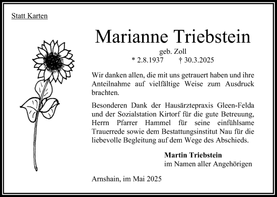 Traueranzeige von Marianne Triebstein von Oberhessische Zeitung, Oberhessische Zeitung