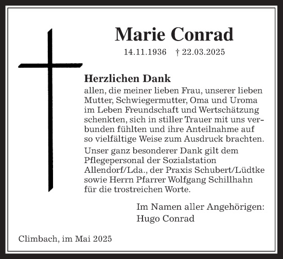Traueranzeige von Marie Conrad von Allendorfer Mitteilungen