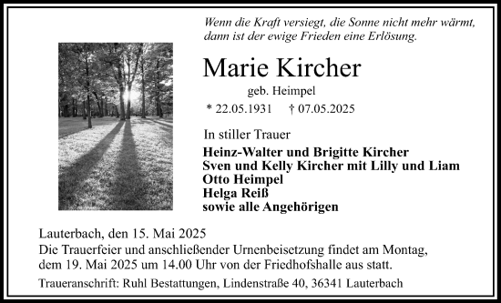 Traueranzeige von Marie Kircher von Lauterbacher Anzeiger